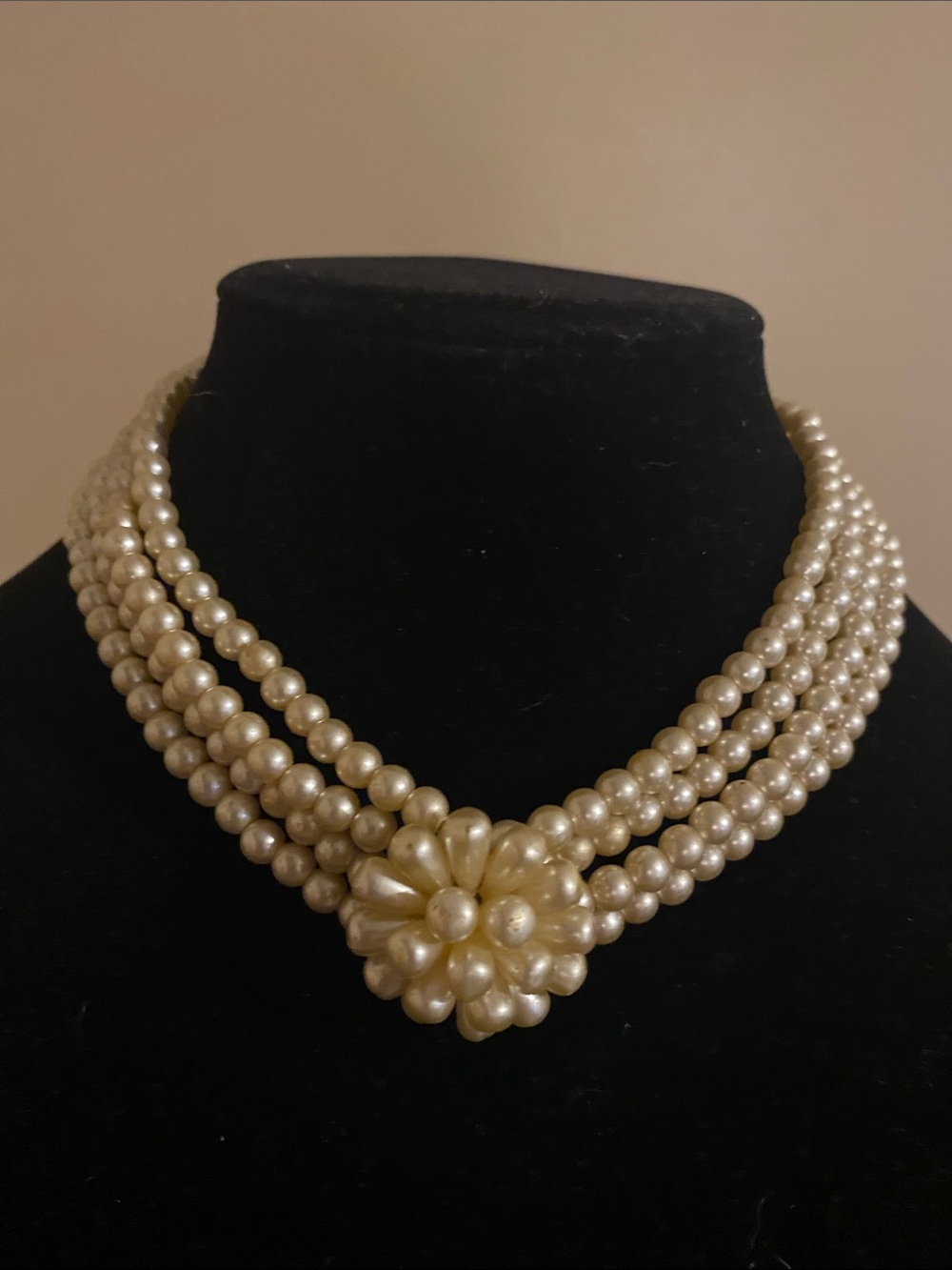 Classic Ivory Faux Pearl Multi-Strand Necklace with Floral Faux Pearl Accent